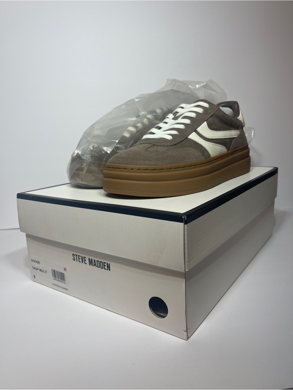 Steve Madden Dodge Espresso Taupe Suede Sneakers with White Stripes. - Picture 2 of 7